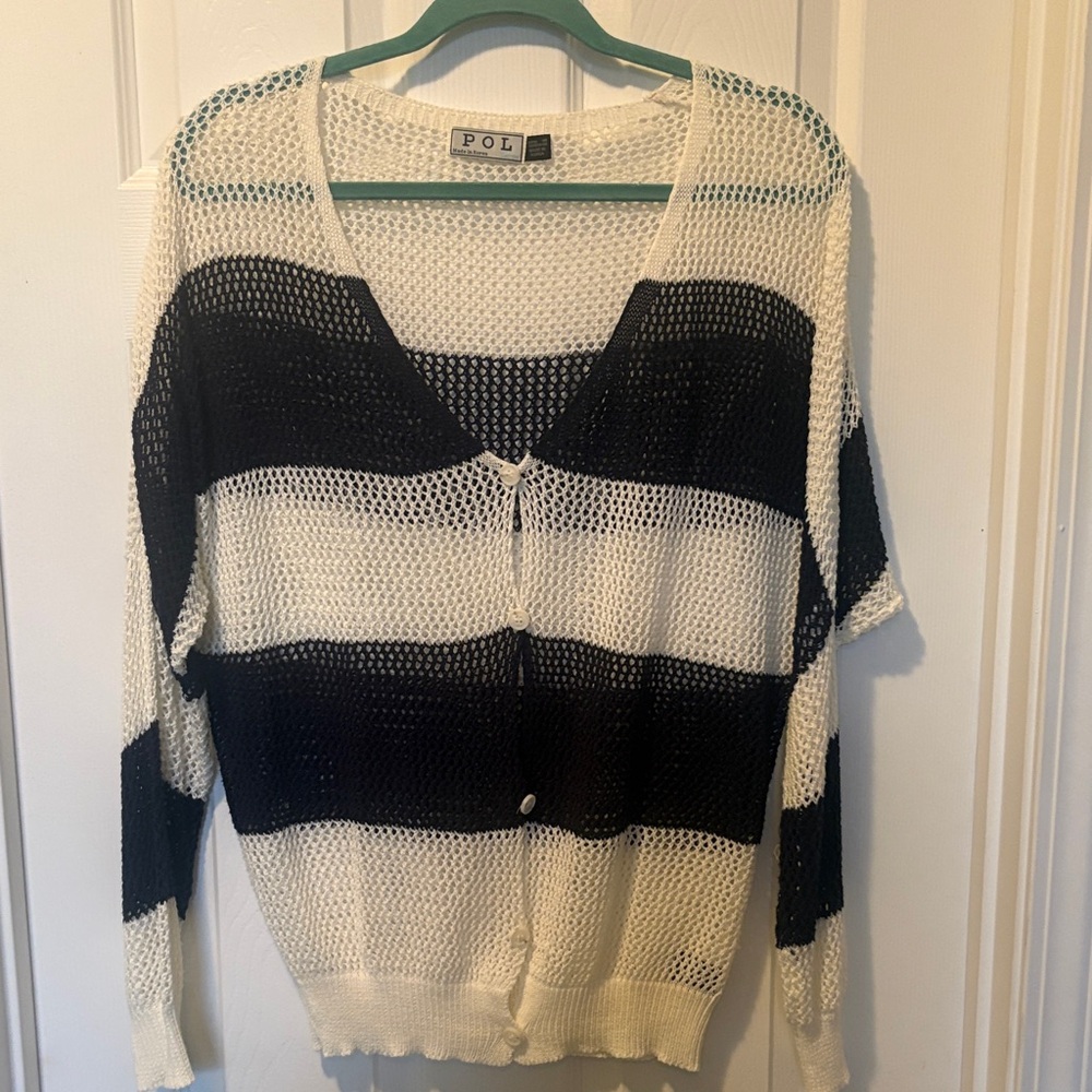 POL Open-Knit Stripe Cardigan - Black & White